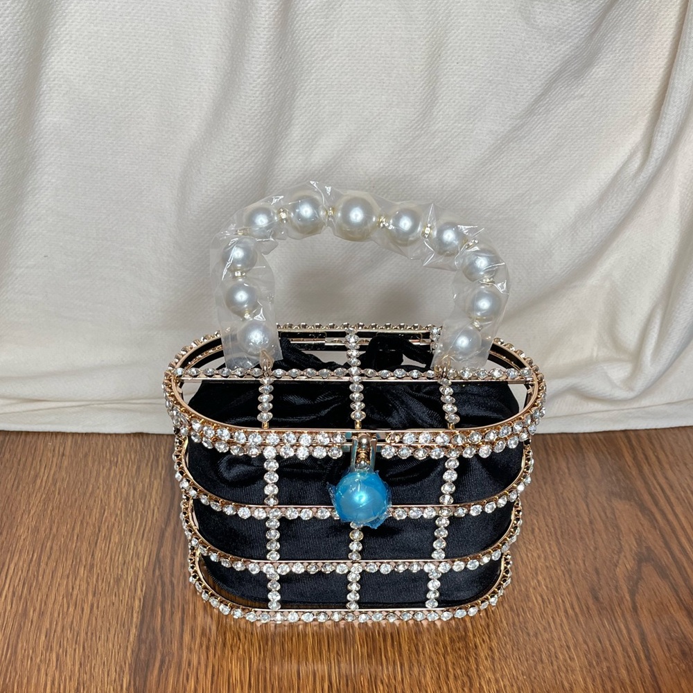 Luxe Rhinestone Cage With Pearl Handle Mini Bag
